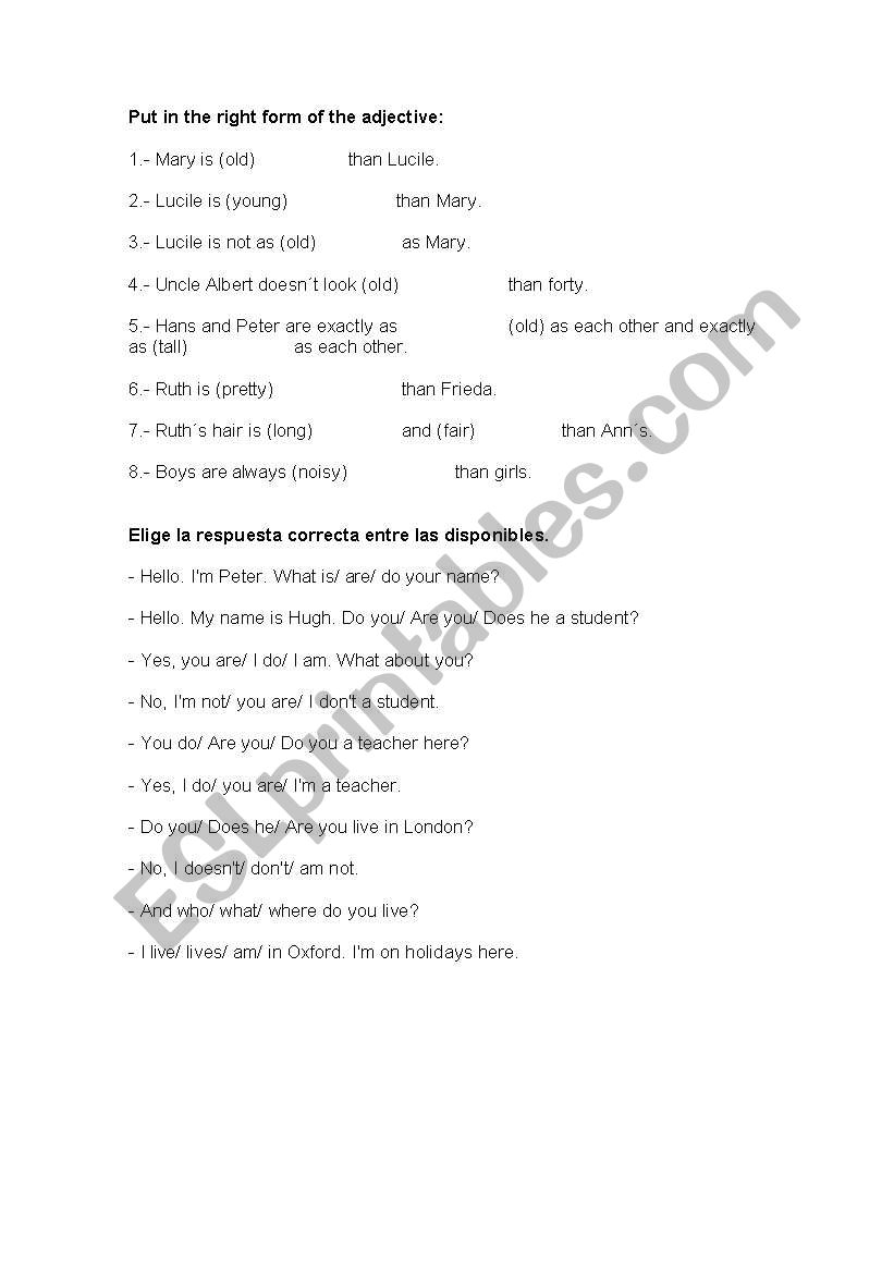 comparative adjectvies worksheet
