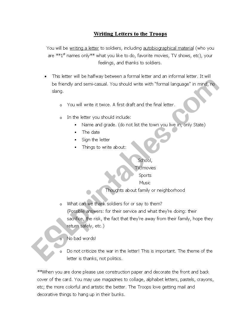 Writing Letters to the troops worksheet