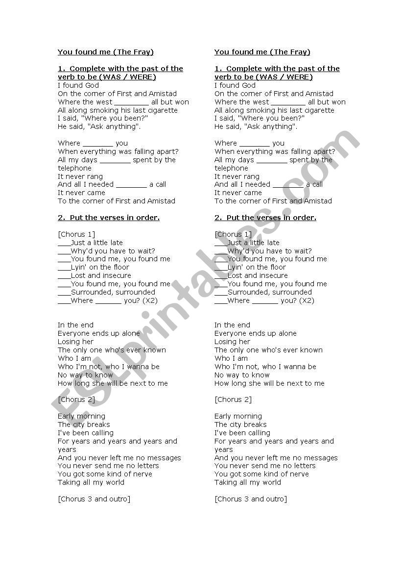 you found me  worksheet