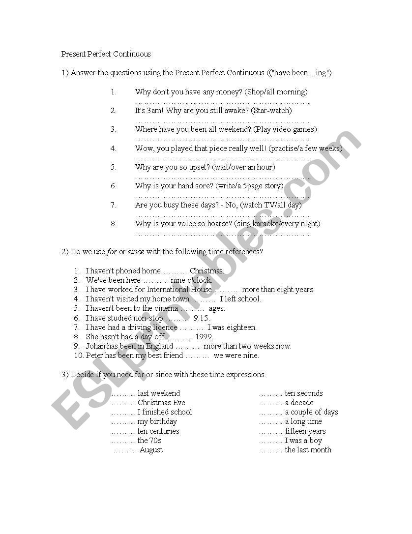 Present Perfect Continuous worksheet