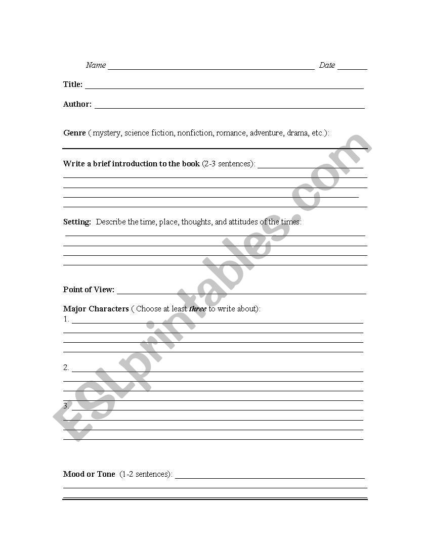 Novel Analysis Form worksheet