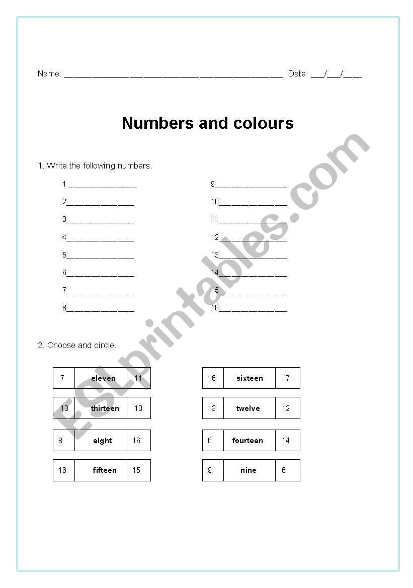 Numbers ad colours worksheet