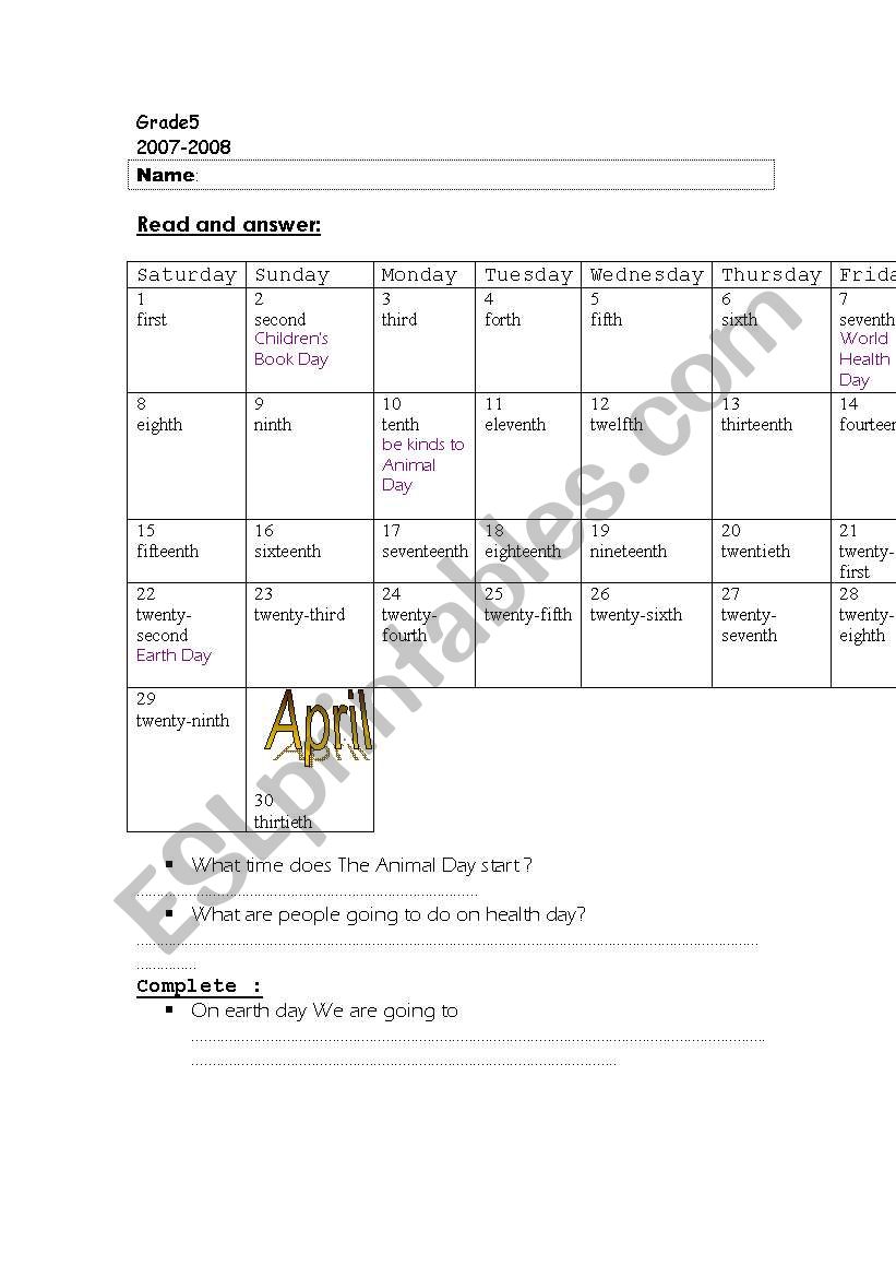 calender worksheet