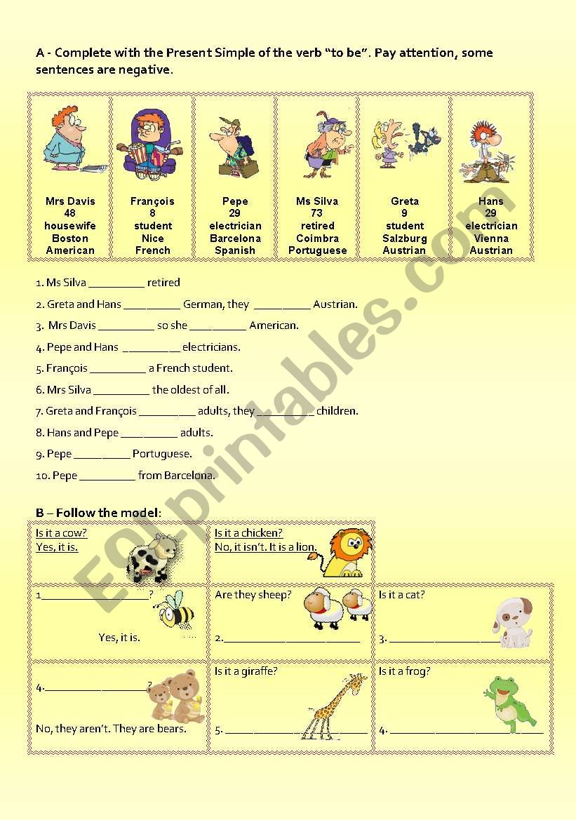 to be present simple (aff. neg. inter. and short form answers) + animals