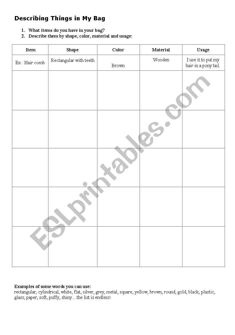 Whats In My Bag worksheet