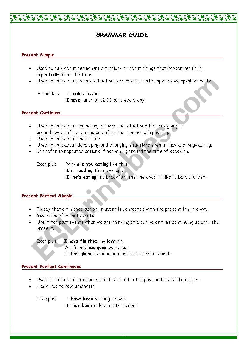 GRAMMAR REFERENCE GUIDE worksheet