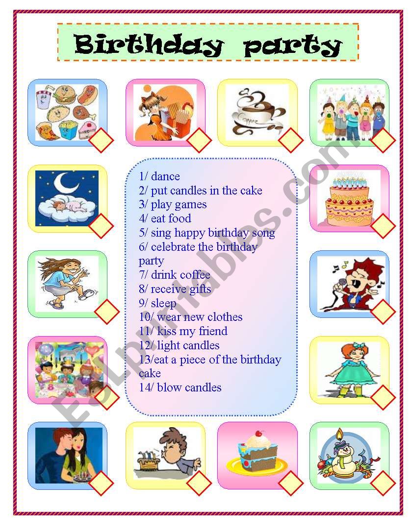  birthday party  : matching worksheet