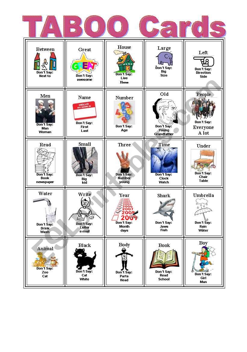 Taboo Cards ESL Worksheet By Swanhime Taboo Cards ESL Worksheet By Swanhime