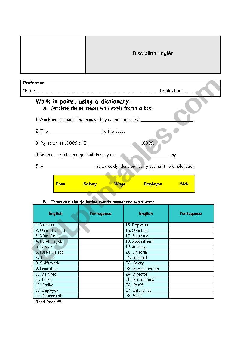 Work Related Vocabulary worksheet