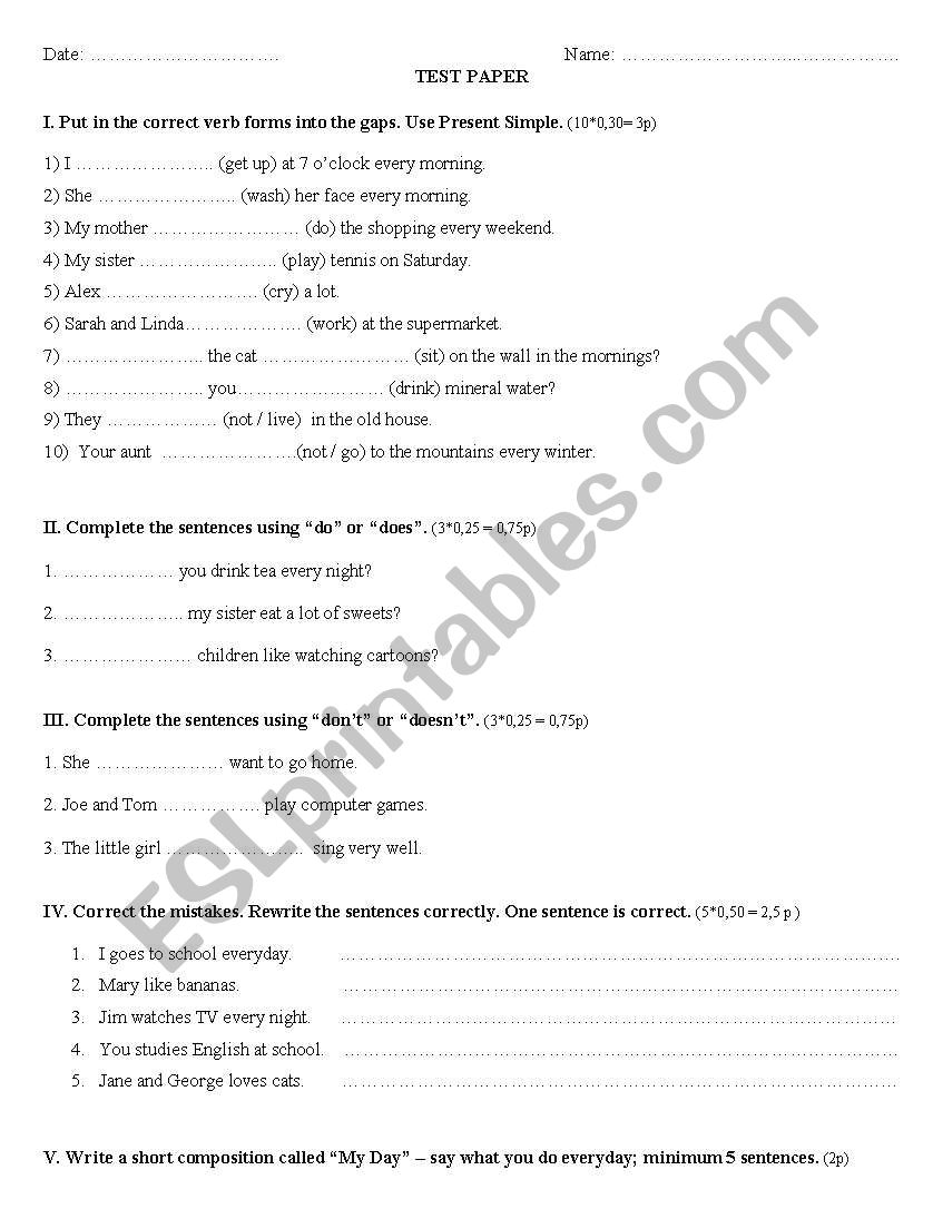 Past simple - test paper worksheet