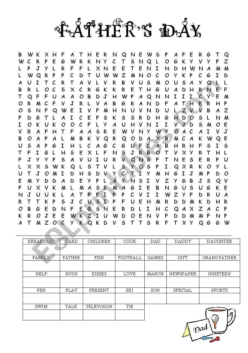 Fathers day wordsearch worksheet