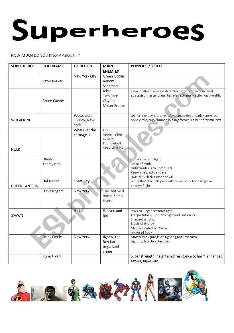 Superheroes worksheet