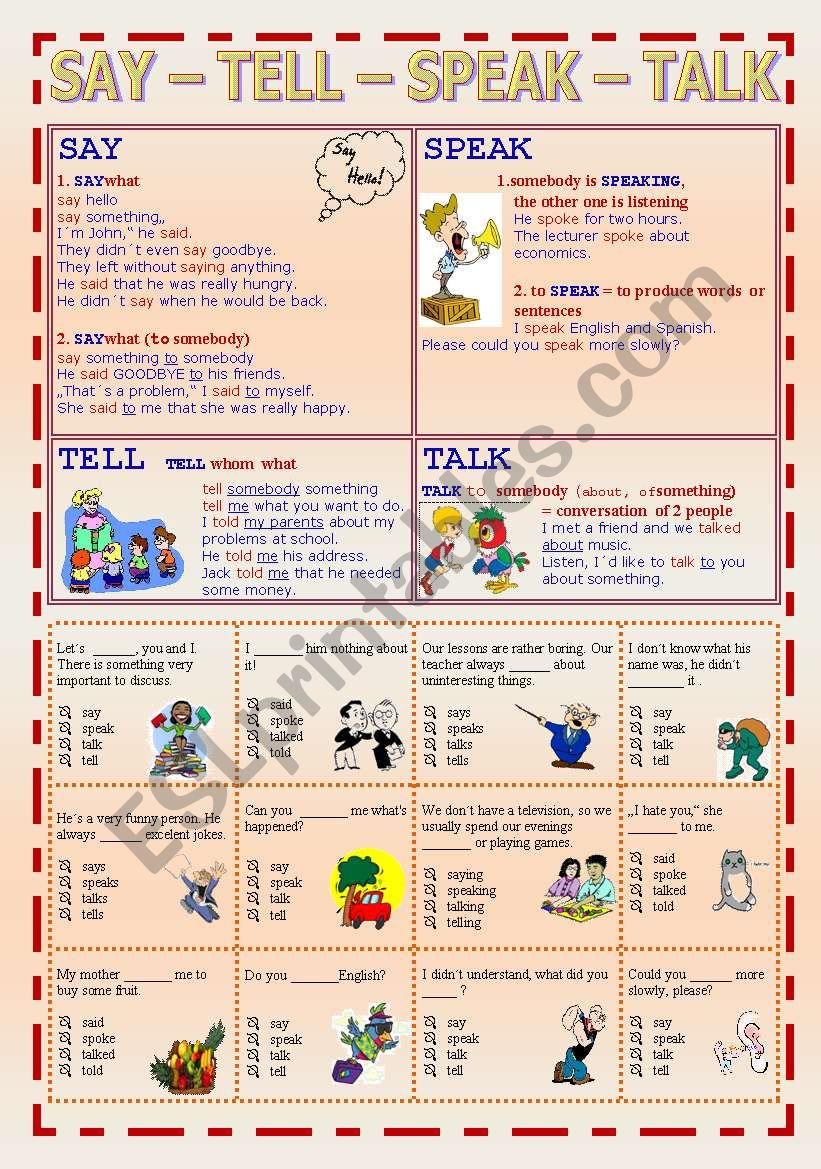 SAY  TELL  SPEAK  TALK worksheet