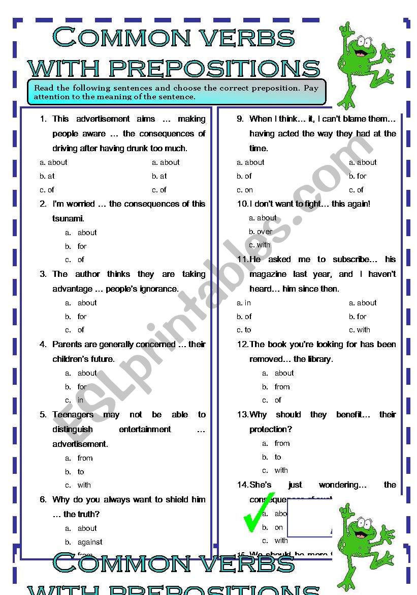 Common verbs with prepositions - key included