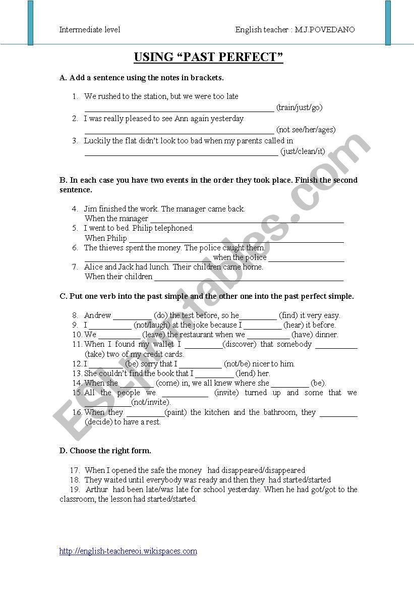 Past Perfect & Past Simple worksheet