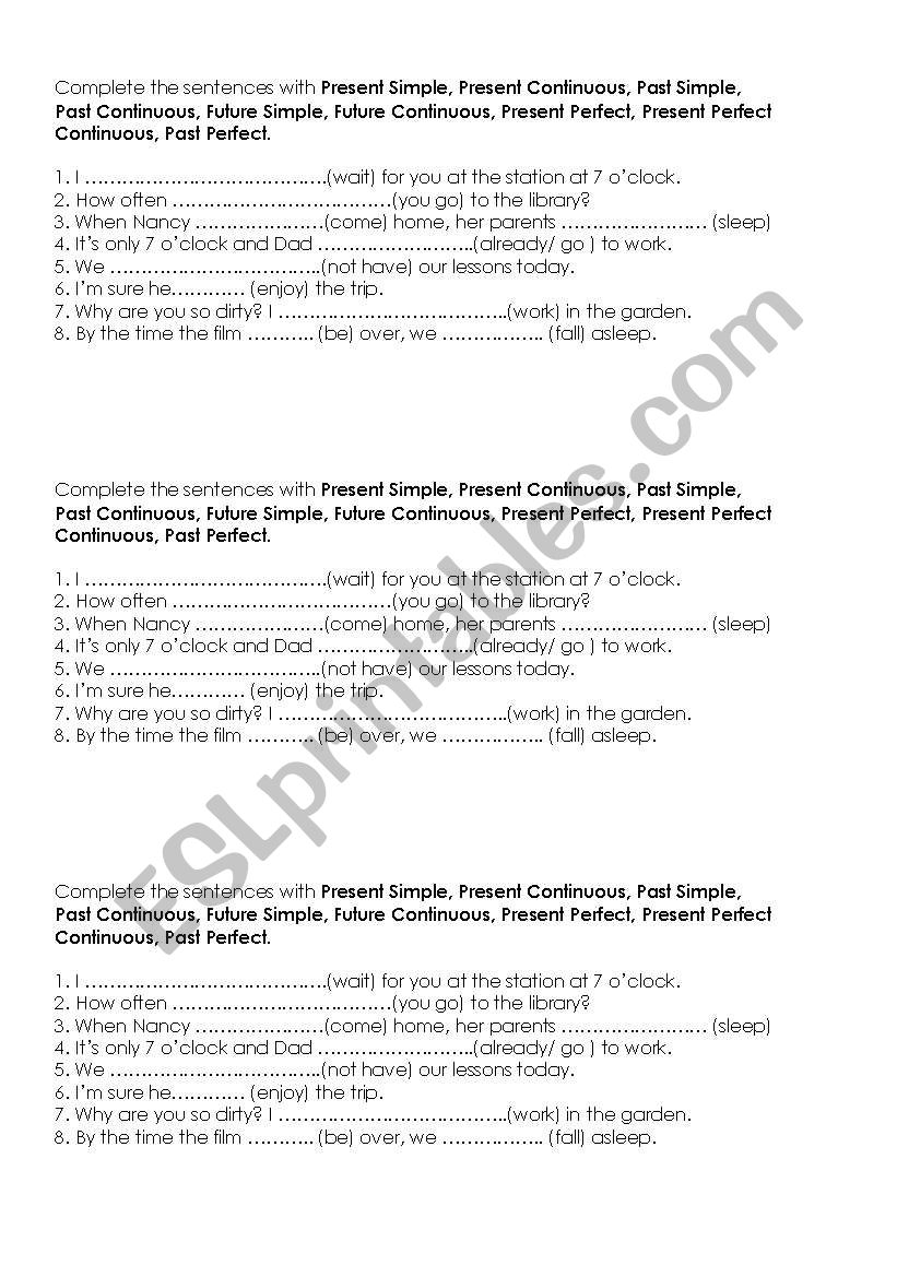 Tenses exercise worksheet