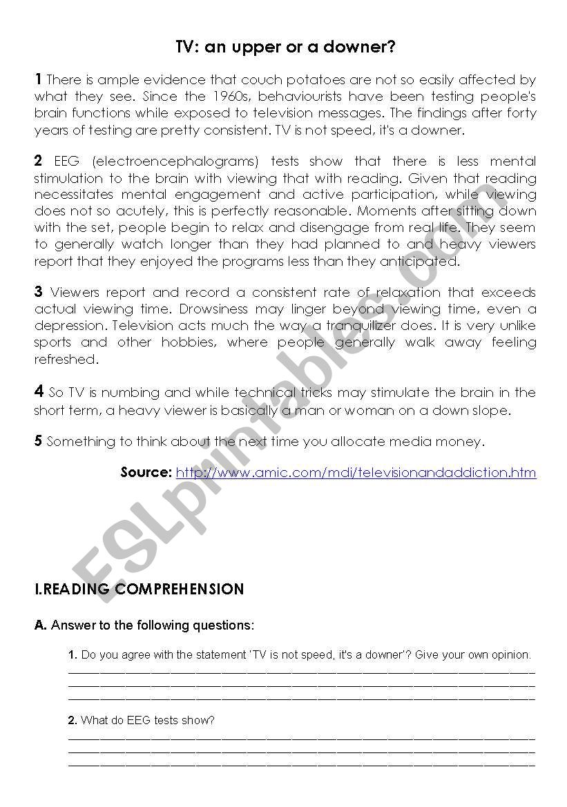 TV: an upper or a downer? worksheet