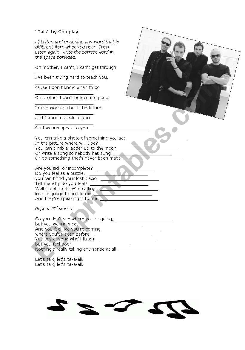 Song Talk by Coldplay worksheet