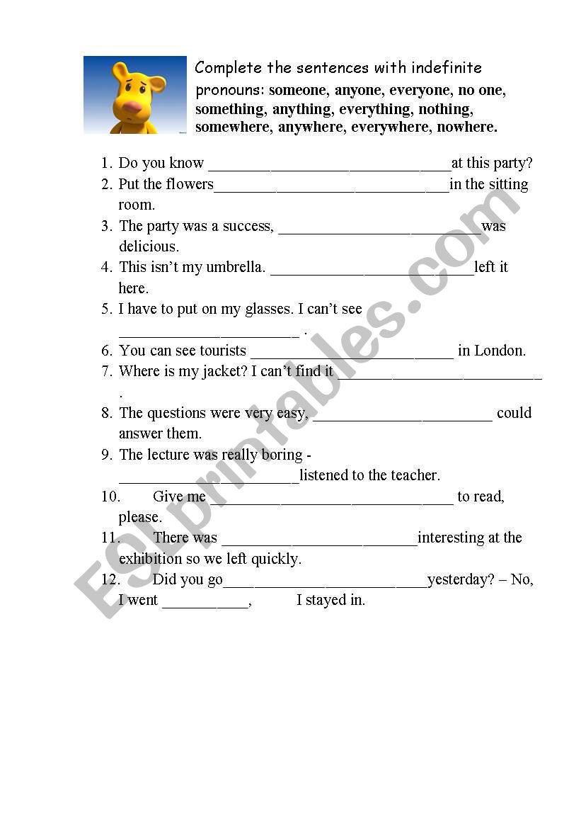 Indefinite pronouns worksheet