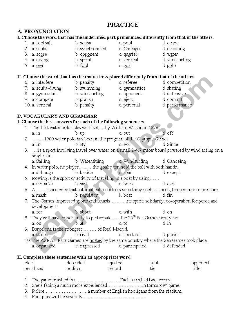 PRACTICE (THEME: SPORT) worksheet