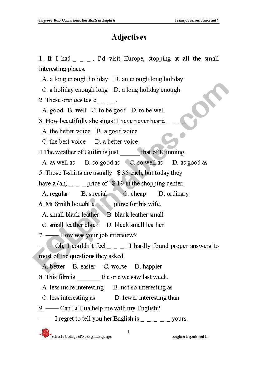 adjectives excersise  worksheet