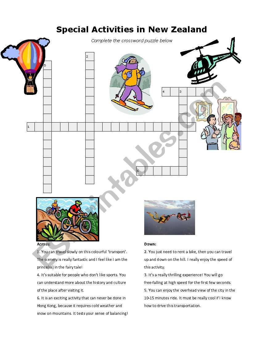 Cross word puzzle - Special Activities in New Zealand