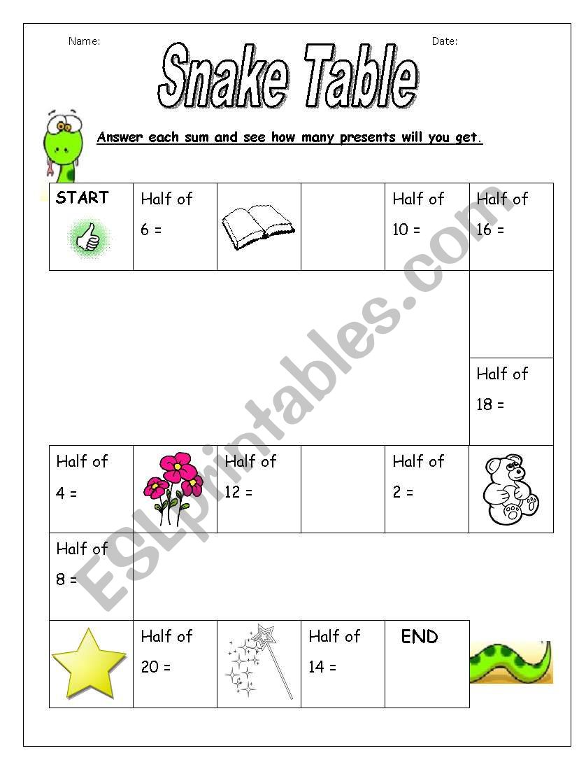 Snake Table - Halving  worksheet