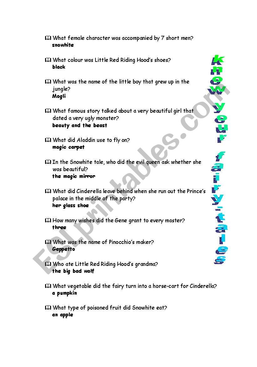 fairy tale quiz worksheet