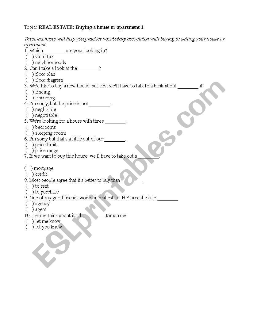 Buying and selling a house vocabulary - multiple choice worksheet