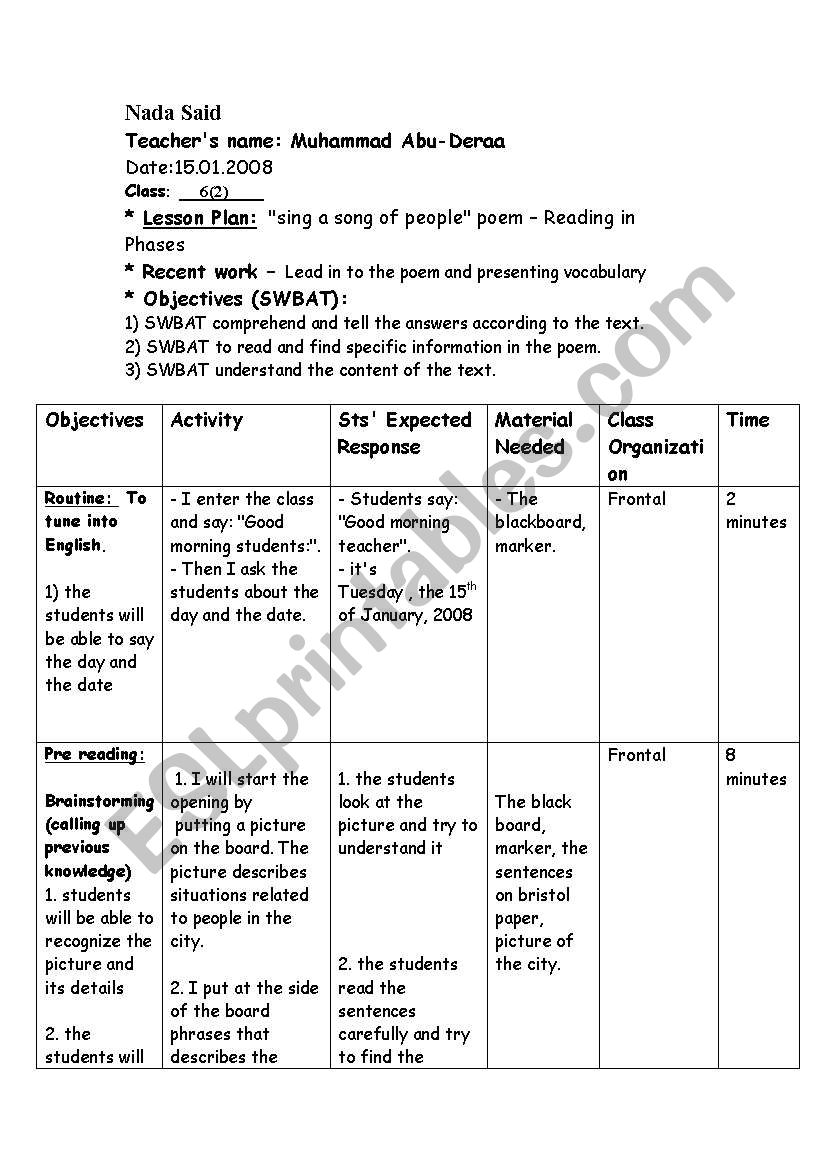 lesson plan- reading comprehension