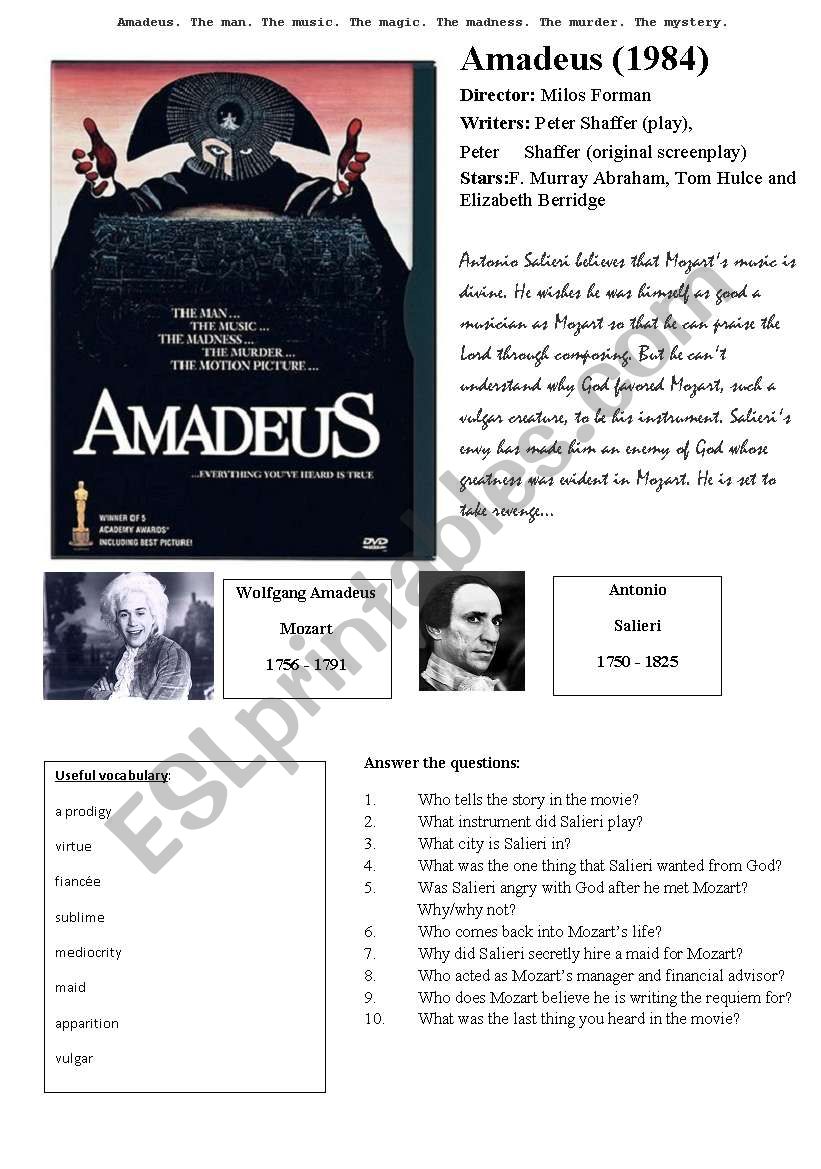 Amadeus movie worksheet worksheet