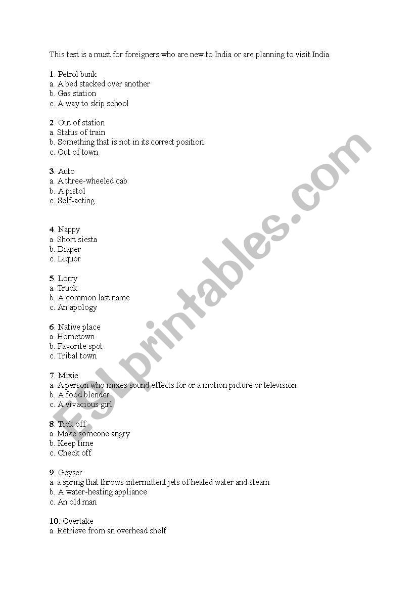 Test on India worksheet