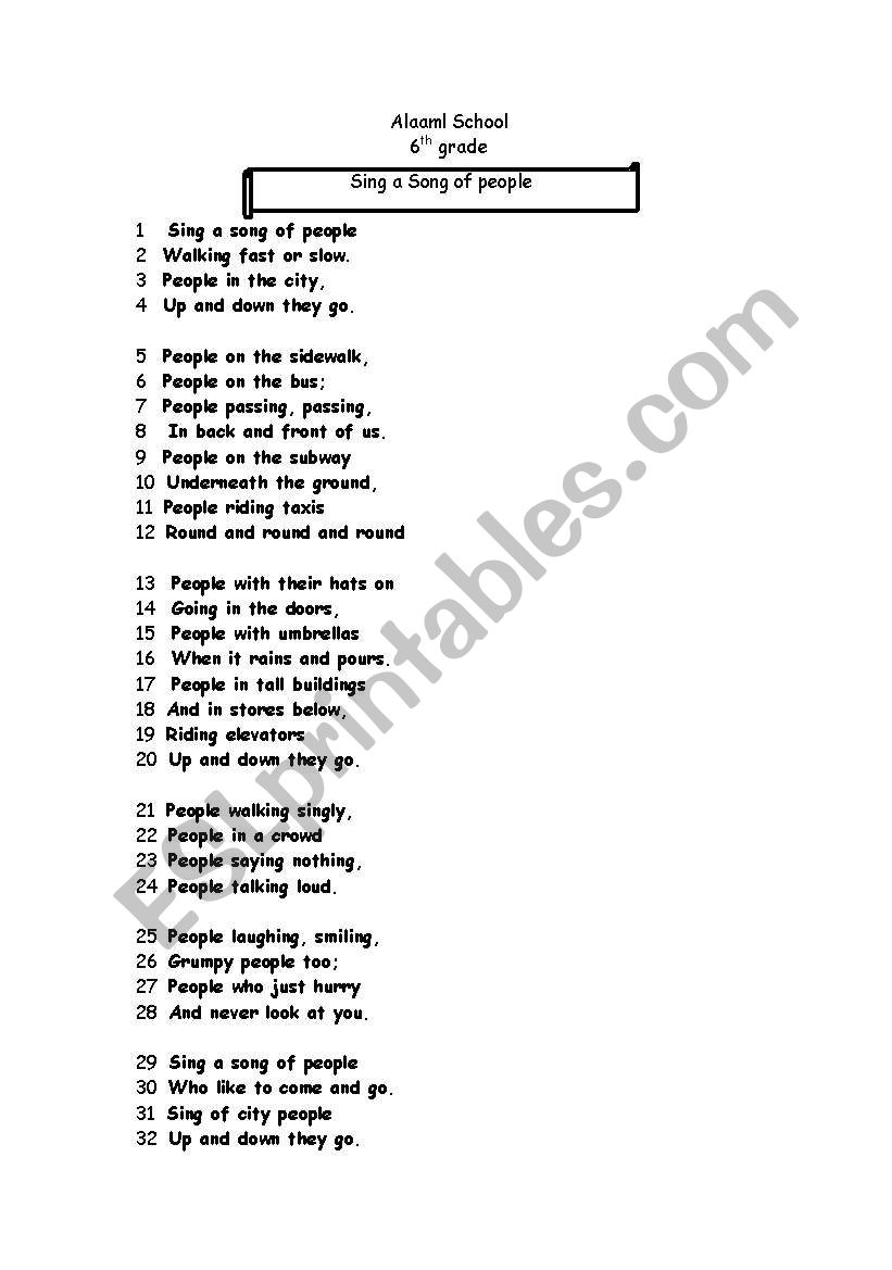 Sing a song of people worksheet
