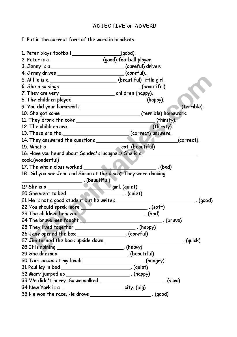 Adjective or adverb worksheet