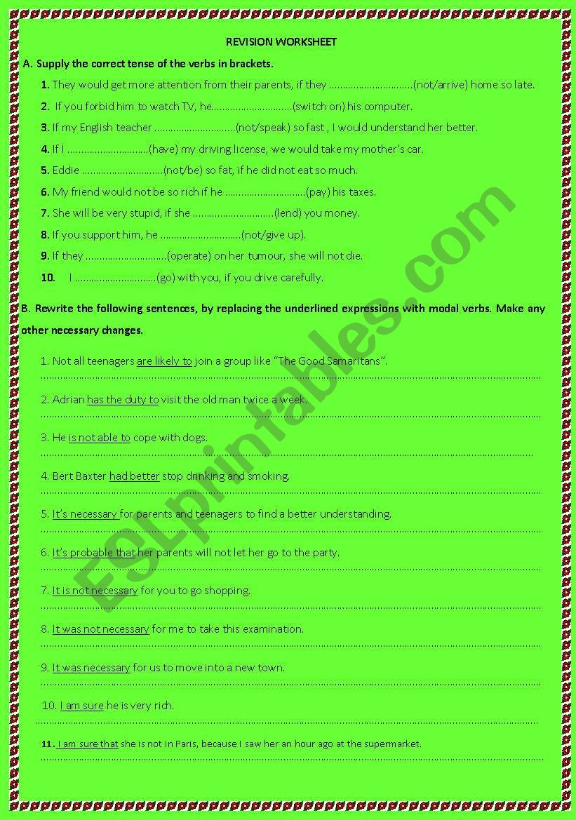 Worksheet about several grammatical topics