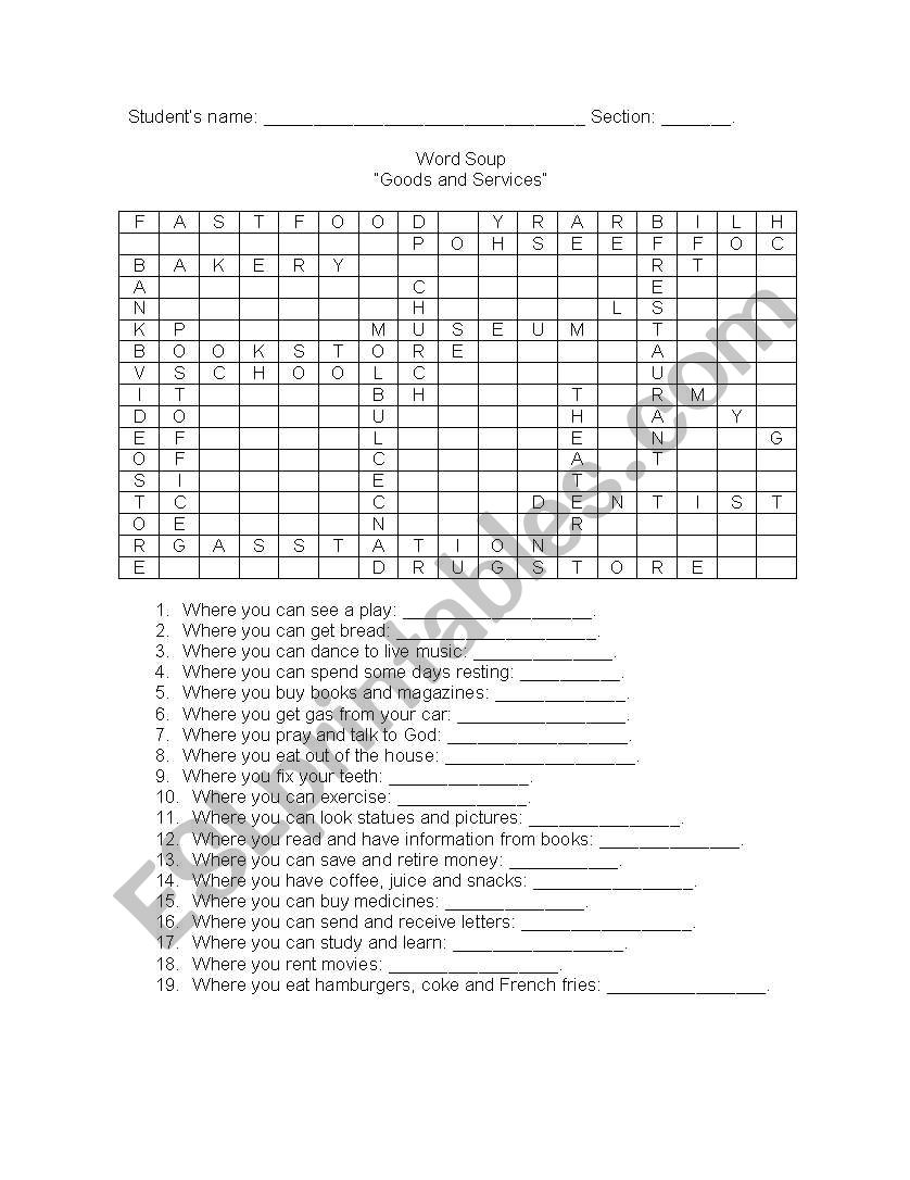 Goods and Services worksheet