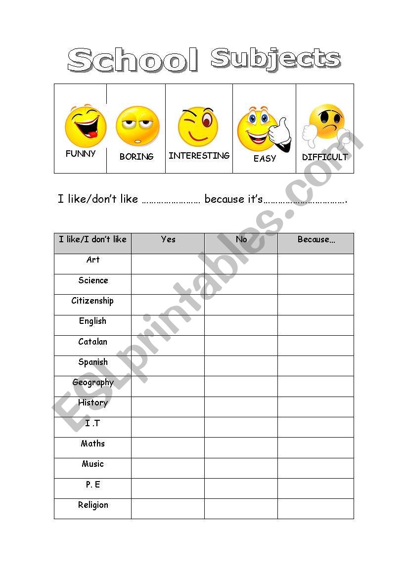 School subjects worksheet