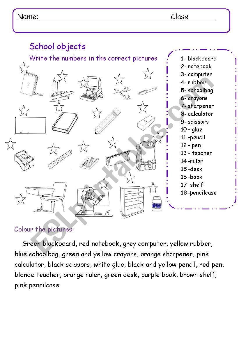 School objects worksheet