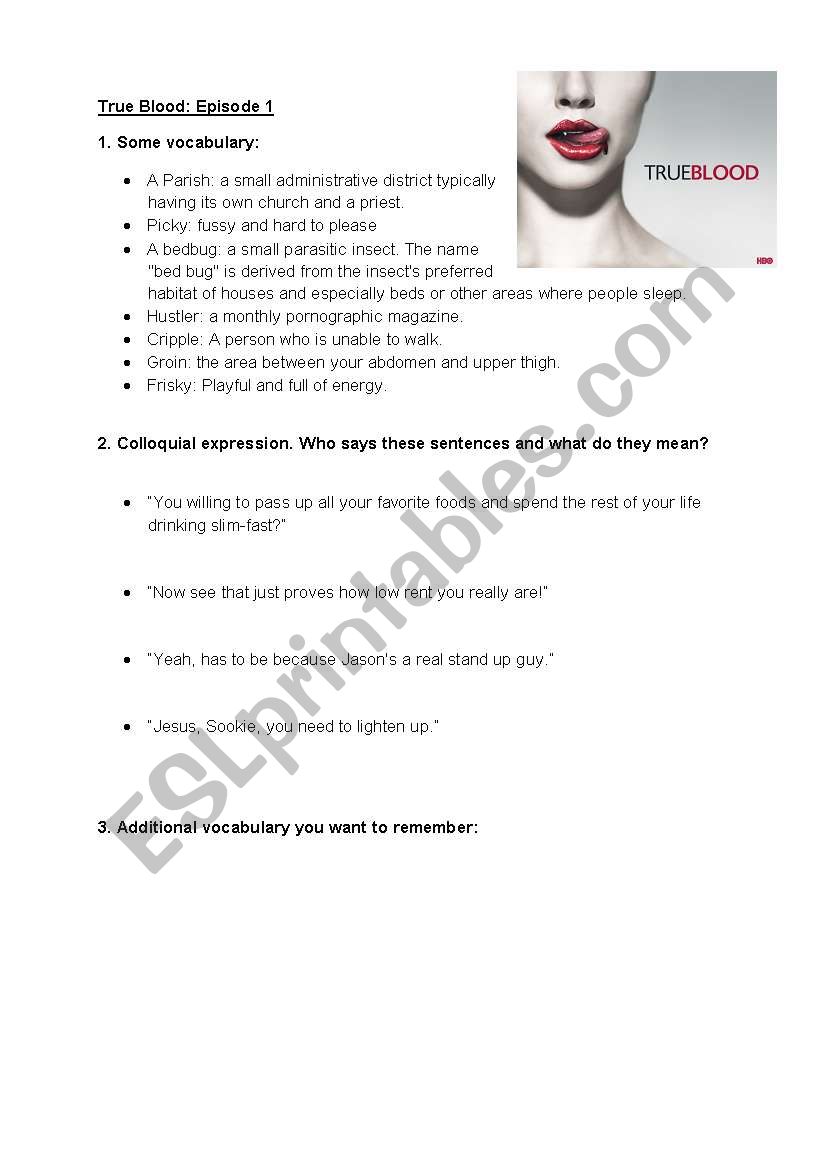 True Blood - Episode 1 worksheet