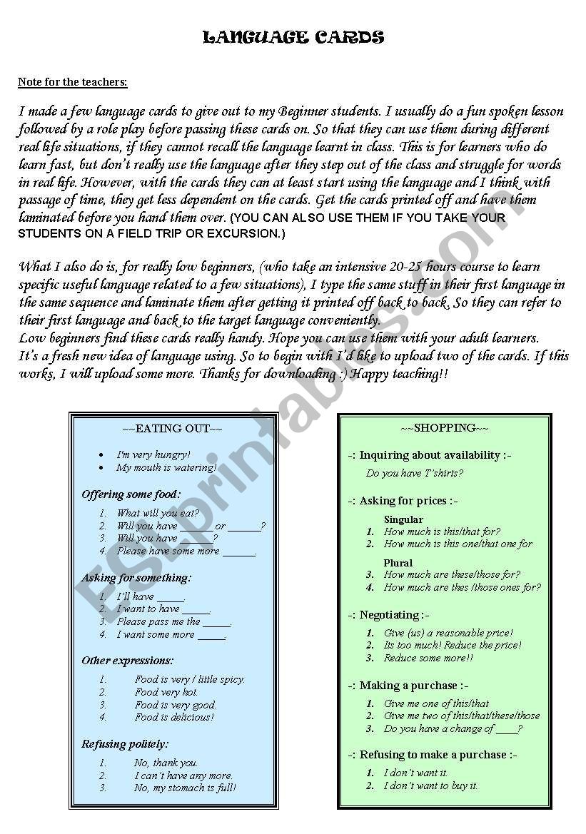 Language cards worksheet