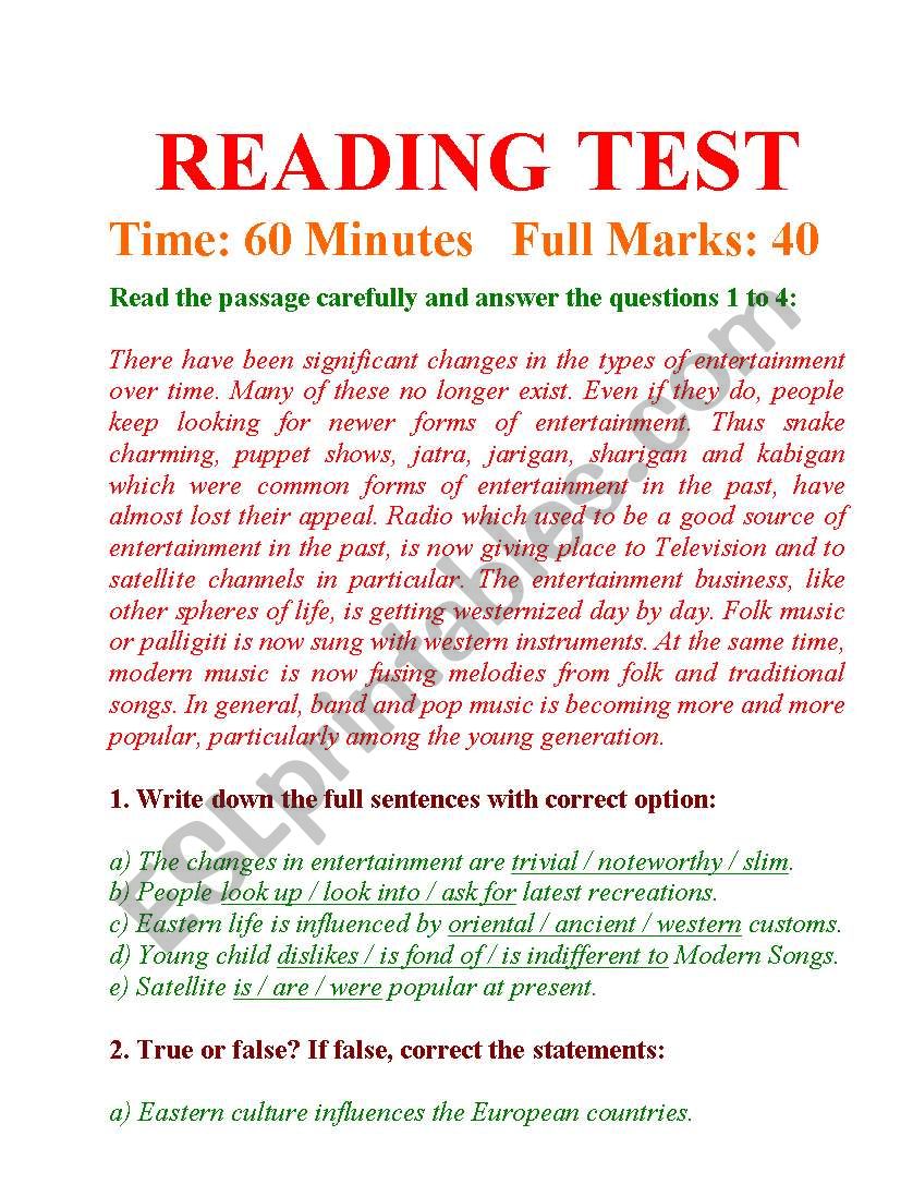 READING TEST AND ANSWERING QUESTIONS