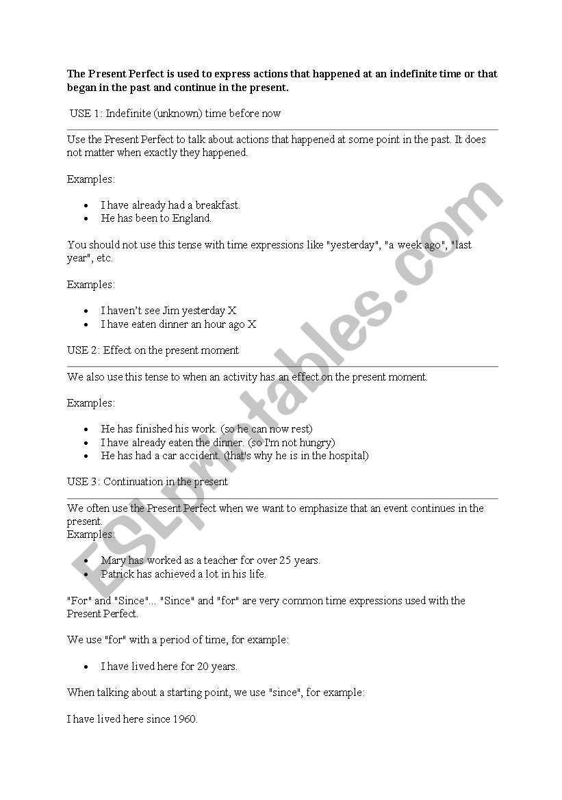 present perfect worksheet