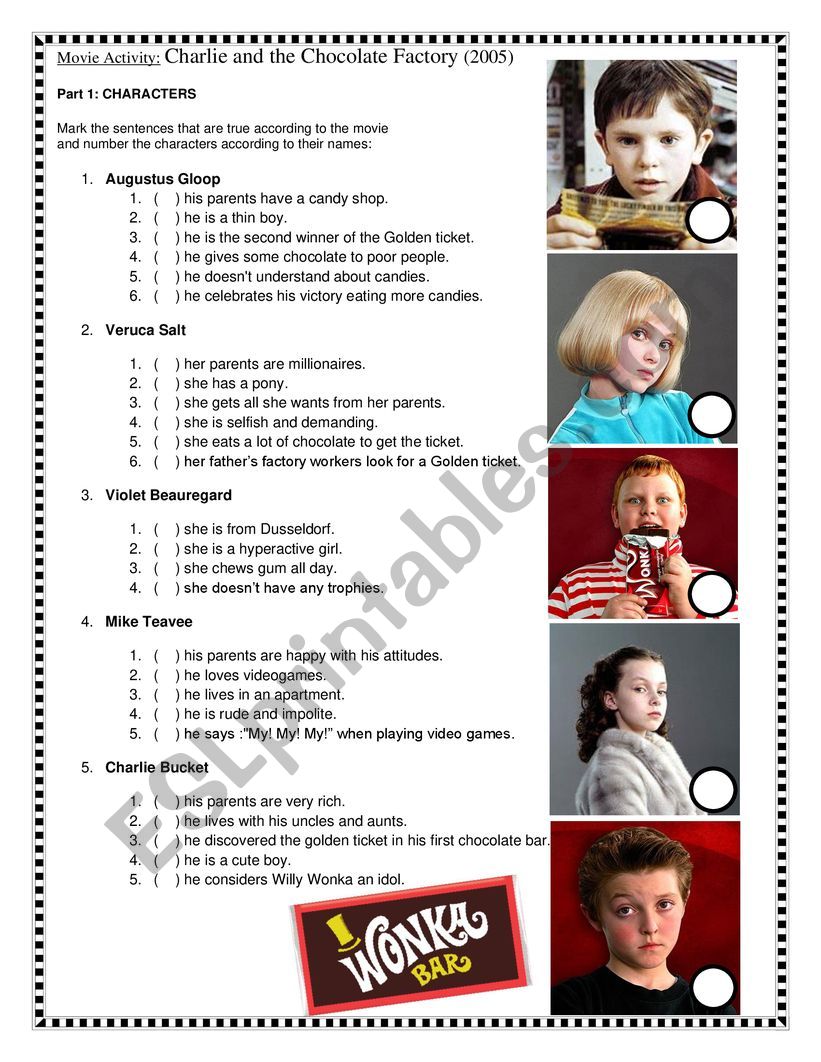 Movie Activity Charlie And The Chocolate Factory Esl Worksheet By Marah78