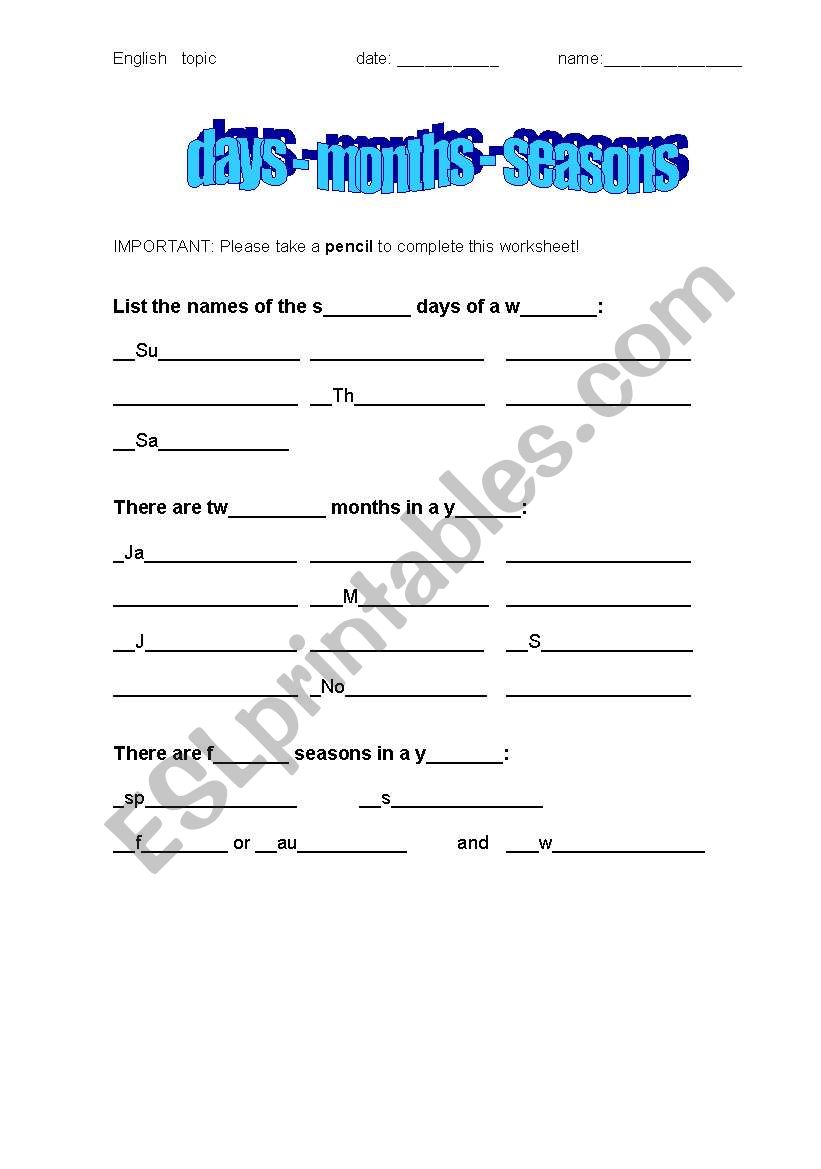 Days Months Seasons worksheet