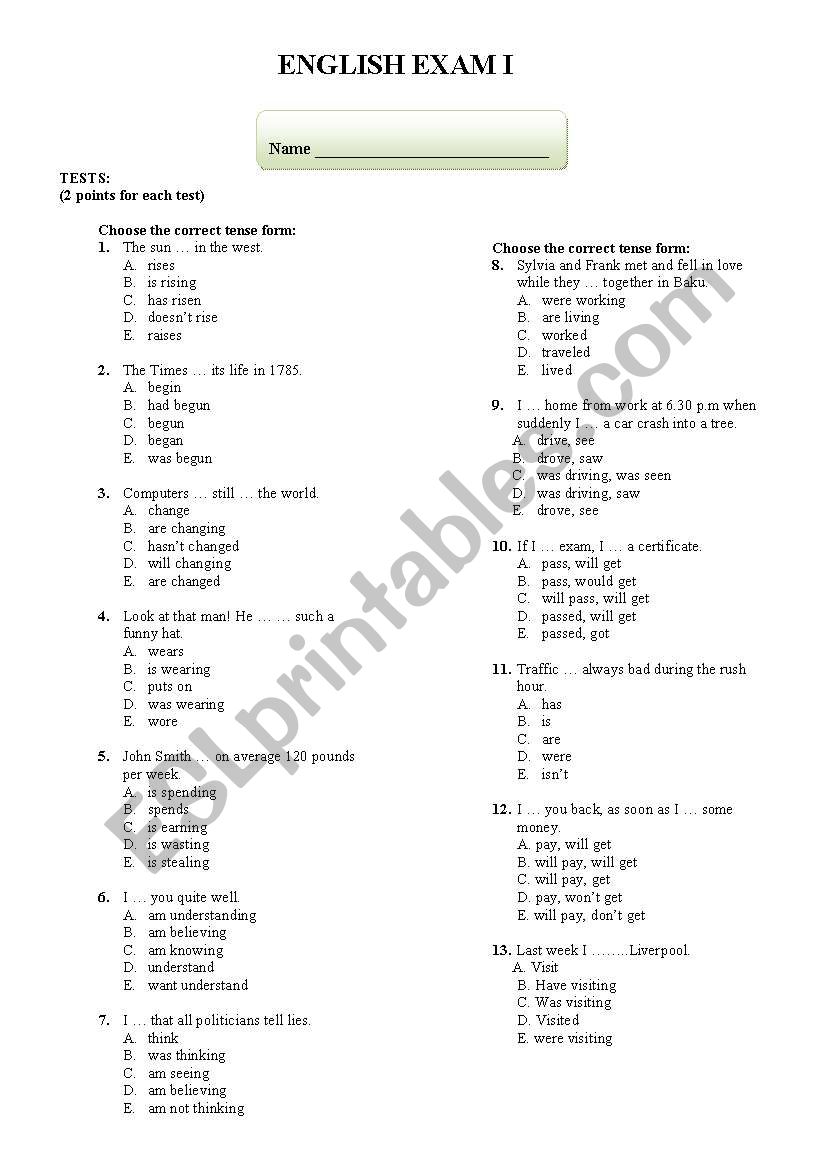 ptense forms exam questions worksheet