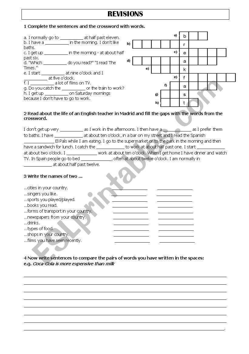 Revisions worksheet