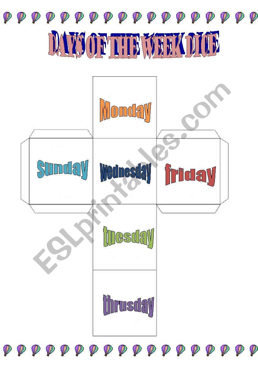 Days of the week dice worksheet