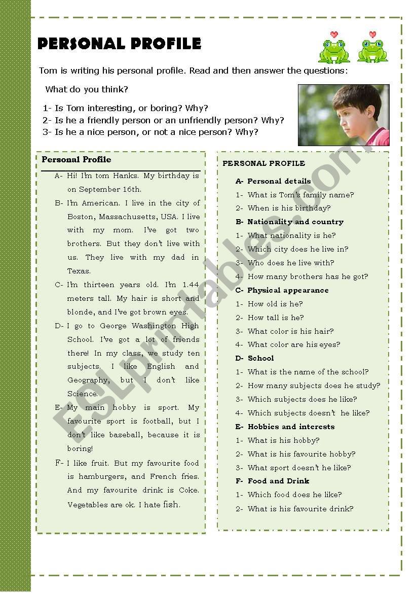 Personal Profile worksheet