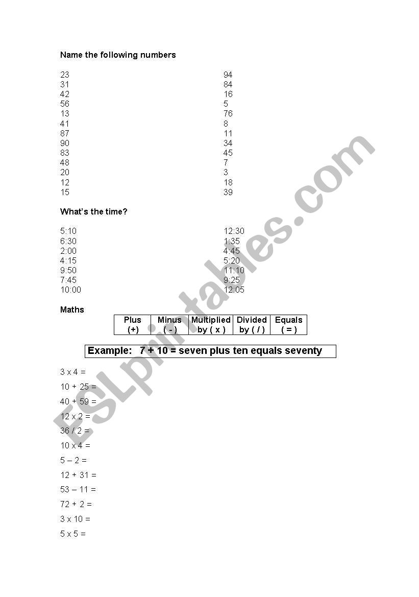 Numbers and maths worksheet