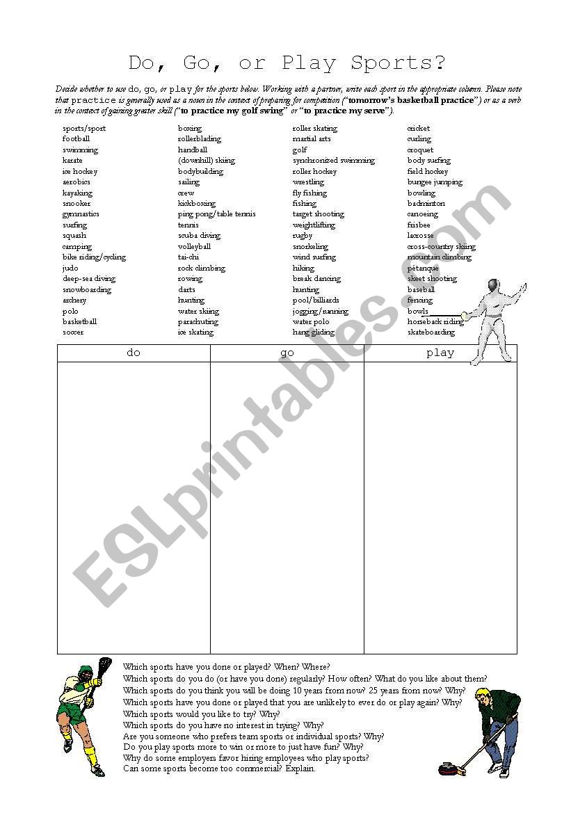 Do, Go, or Play Sports? worksheet